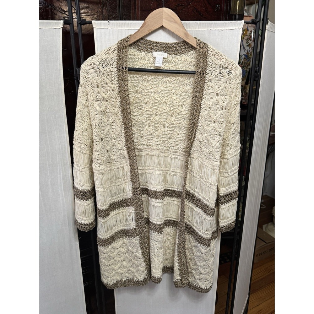 Chico's Size 1 M Open Front Cardigan Cream Gold Metallic Boho Crochet Knit